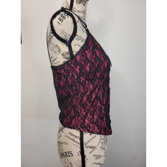 Y2K Pink Black Lace Overlaid Corset Top M Goth Ravewear Lace Up Romantic Fairy - Picture 4 of 8